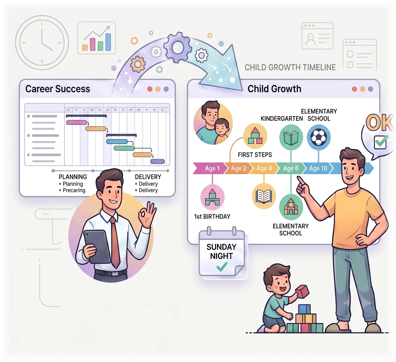 Two side-by-side panels: a work project schedule on the left, a child's growth timeline on the right, with an arrow carrying the same method from one to the other.